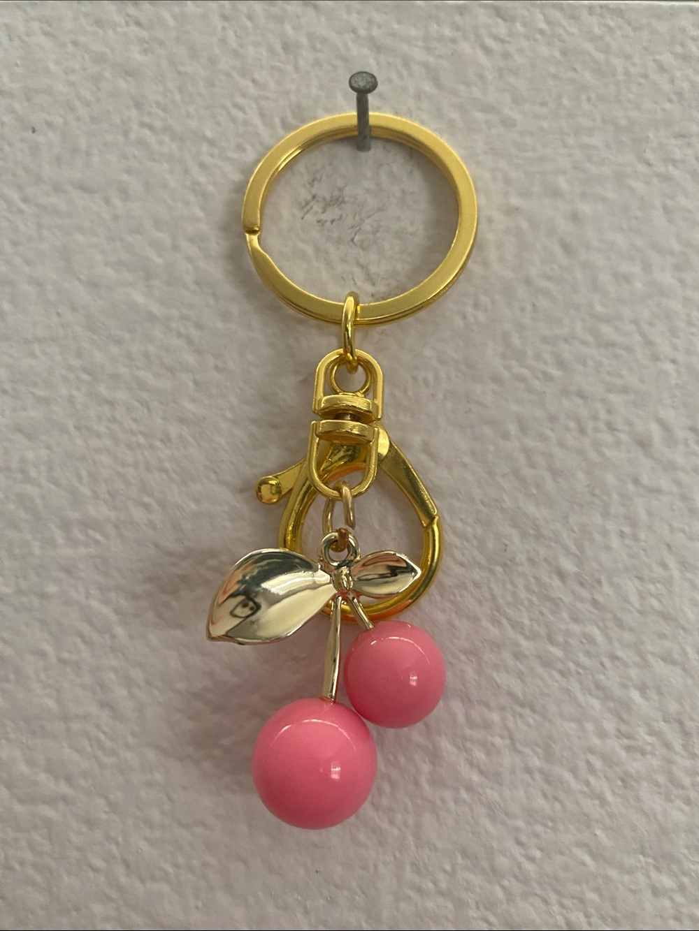 Gold Cherry Keychain with Pink Cherries